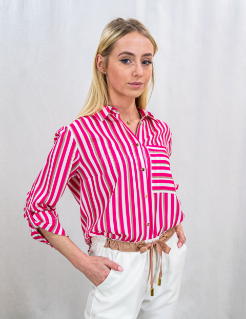Elegancka różówa koszula w paski, zapinana na guzik PURPURA - MODA SANOK