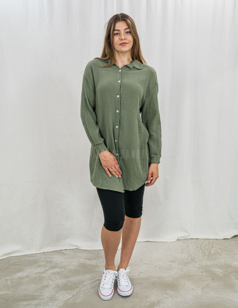 Jasno zielona bawełniana długa koszula zapinana na małe guziki - MODA SANOK