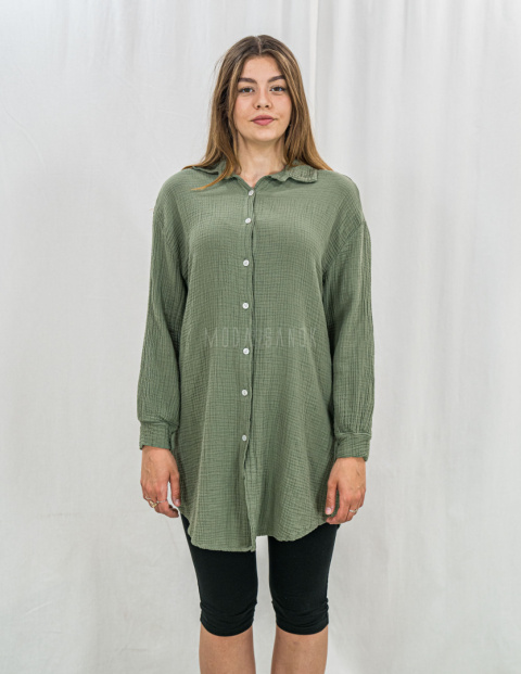 Jasno zielona bawełniana długa koszula zapinana na małe guziki - MODA SANOK