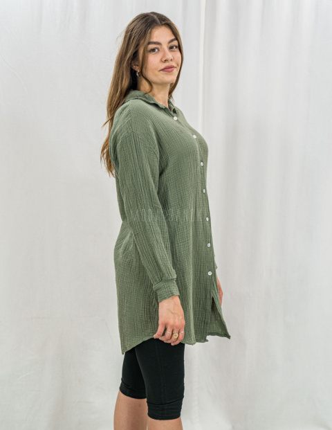 Jasno zielona bawełniana długa koszula zapinana na małe guziki - MODA SANOK