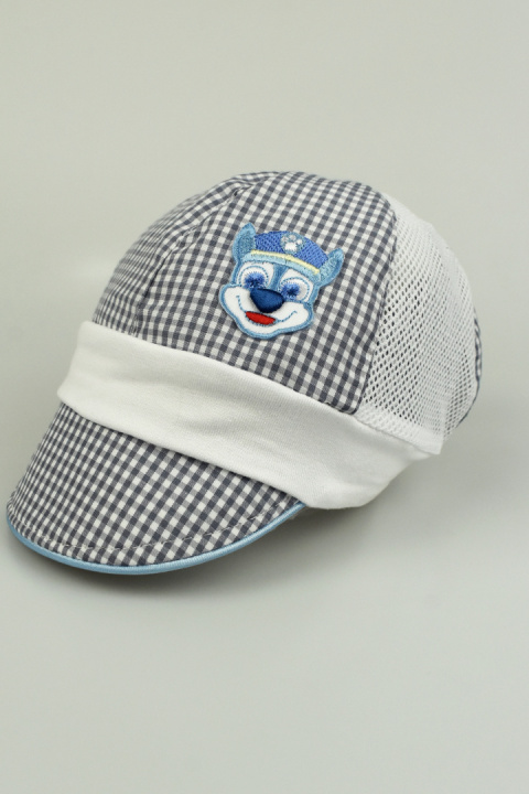 Miękka czapeczka w szaro - białą kratkę i pieskiem PAN PAN - MODA SANOK