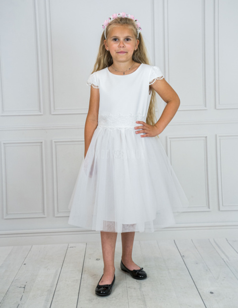 Sukienka ecru z koronkowym rękawkiem paseczkiem EWA LINE - MODA SANOK