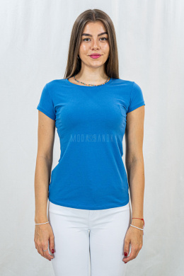 Bawełniana niebieska damska bluzka T-shirt gładka z okrągłym dekoltem MODA SANOK
