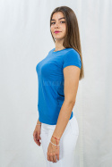 Bawełniana niebieska damska bluzka T-shirt gładka z okrągłym dekoltem MODA SANOK