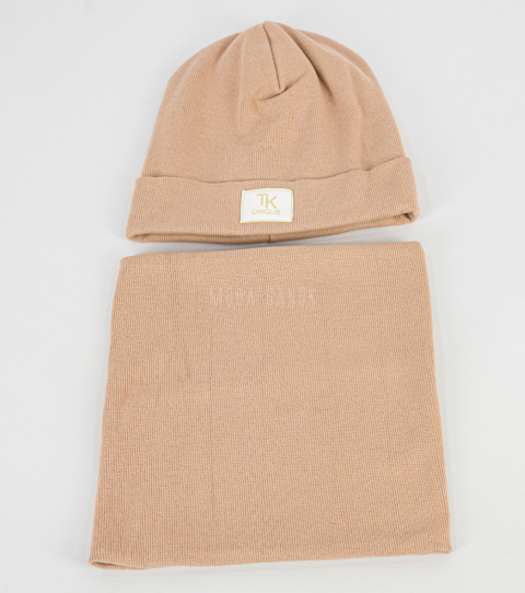 Czapka plus komin jasny beż na polarku prążek TK-MODA SANOK