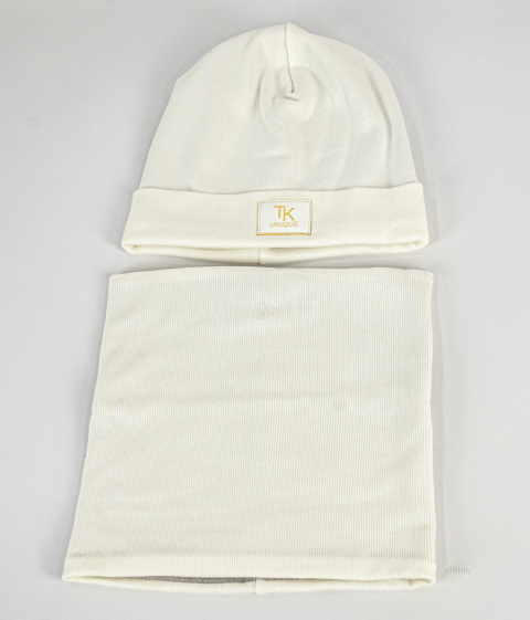 Czapka plus komin ecru na polarku prążek TK-MODA SANOK