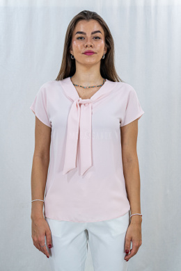 Elegancka bluzka z wiązaniem i krótkim rękawem w kolorze pudrowego różu ELITE - MODA SANOK