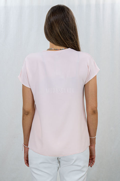 Elegancka bluzka z wiązaniem i krótkim rękawem w kolorze pudrowego różu ELITE - MODA SANOK