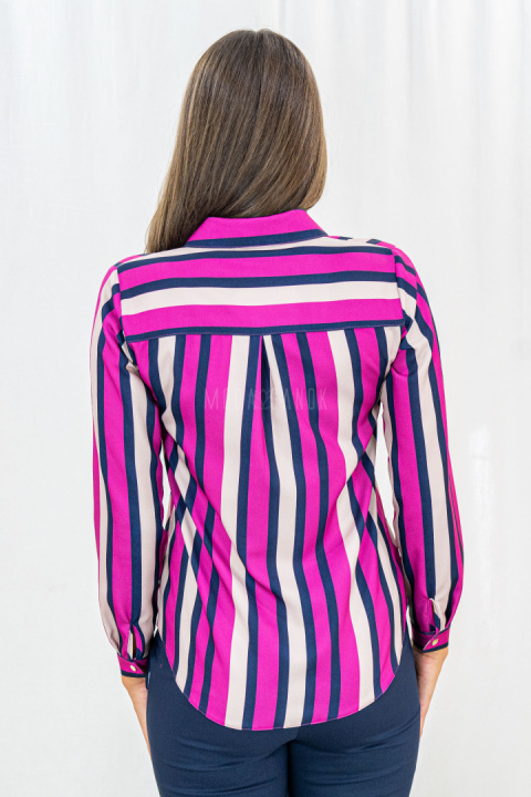 Elegancka koszula z długim rękawem w różówo-beżowo-granatowe paski PUR PURA - MODA SANOK