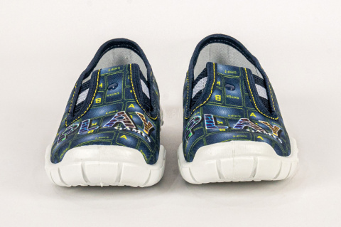 Granatowe pantofle chłopięce VIGGAMI  w żółte literki - MODA SANOK