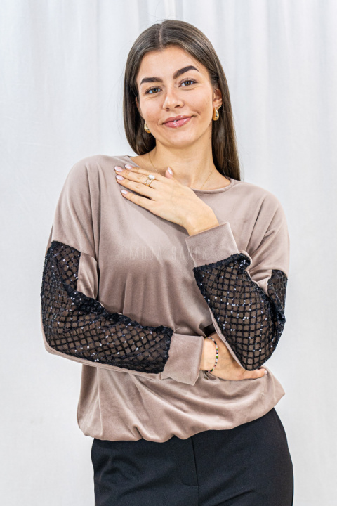 Welurowa damska bluzka z długim rękawem w kolorze brązowym AGATEX - MODA SANOK