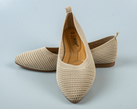 Baleriny w kolorze beżowym damskie ażurowe na płaskiej podeszwie i migdałowym noskiem SEASTAR -MODA SANOK