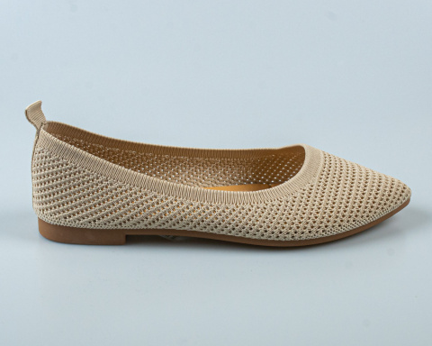 Baleriny w kolorze beżowym damskie ażurowe na płaskiej podeszwie i migdałowym noskiem SEASTAR -MODA SANOK