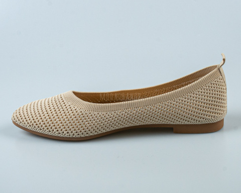 Baleriny w kolorze beżowym damskie ażurowe na płaskiej podeszwie i migdałowym noskiem SEASTAR -MODA SANOK
