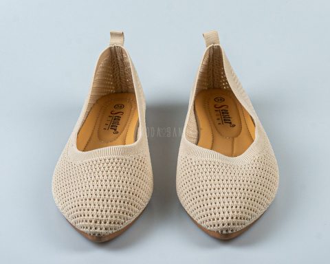 Baleriny w kolorze beżowym damskie ażurowe na płaskiej podeszwie i migdałowym noskiem SEASTAR -MODA SANOK