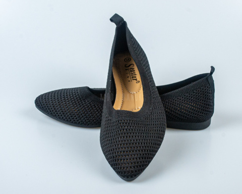 Baleriny w kolorze czarnym damskie ażurowe na płaskiej podeszwie i migdałowym noskiem SEASTAR -MODA SANOK