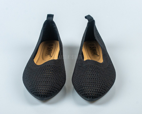 Baleriny w kolorze czarnym damskie ażurowe na płaskiej podeszwie i migdałowym noskiem SEASTAR -MODA SANOK