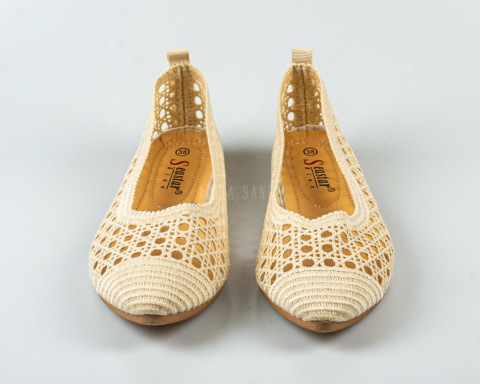 Beżowe ażurowe baleriny damskie na płaskiej podeszwie z noskiem w szpic SEASTAR -MODA SANOK