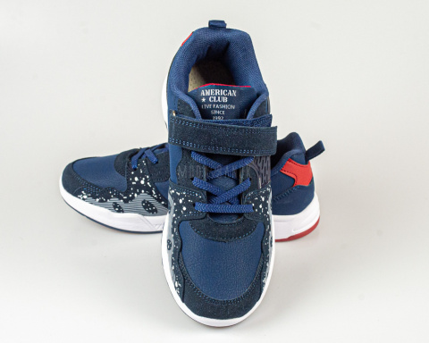 Buty sportowe chłopięce granatowe z białymi dodatkami na rzep -MODA SANOK