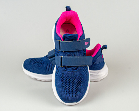 Buty sportowe dziewczęce granatowe z różowymi dodatkami zapinane na rzepy - MODA SANOK
