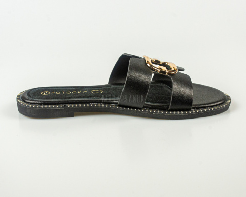Czarne klapki Potocki ze skórzaną wkładką zdobione złotą klamerką - MODA SANOK