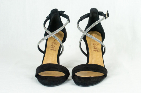Czarne zamszowe buty sandały na szpilce z paskami w cyrkonie FOR-BUT - MODA SANOK