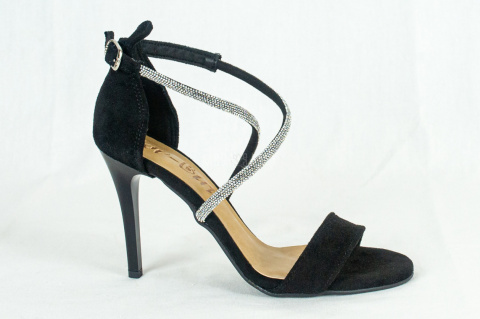 Czarne zamszowe buty sandały na szpilce z paskami w cyrkonie FOR-BUT - MODA SANOK