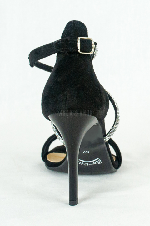 Czarne zamszowe buty sandały na szpilce z paskami w cyrkonie FOR-BUT - MODA SANOK