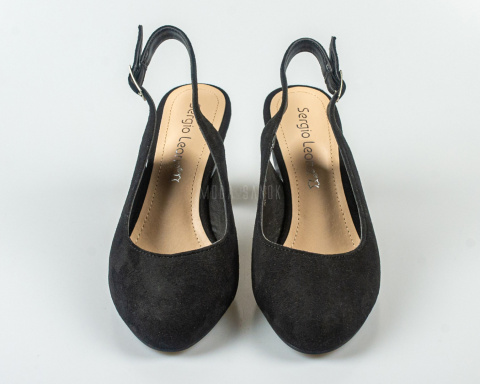 Damskie czarne czółenka z zamszowej ekoskóry na wzorzystym słupkowym obcasie z odkrytą piętą Sergio Leone - MODA SANOK