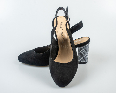 Damskie czarne czółenka z zamszowej ekoskóry na wzorzystym słupkowym obcasie z odkrytą piętą Sergio Leone - MODA SANOK
