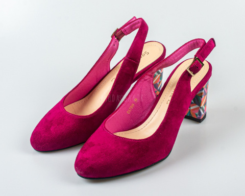 Damskie fuksjowe  zamszowe czółenka na kolorowym słupkowym obcasie z odkrytą piętą  Sergio  Leone - MODA SANOK