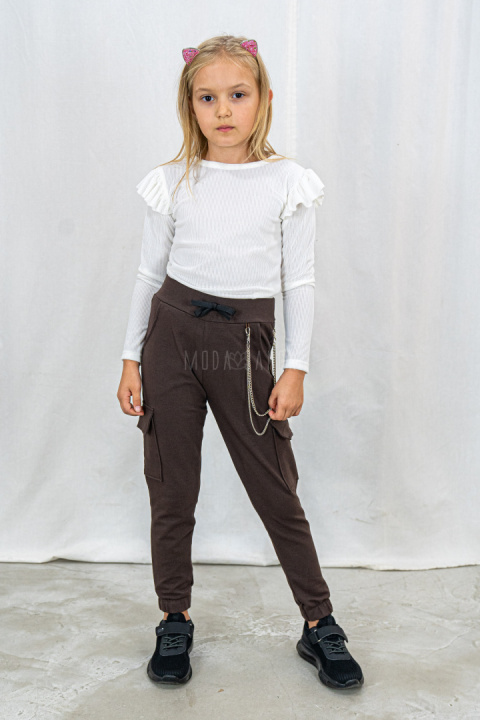 Dziewczęce spodnie dresowe typu bojówki brązowe PIK-MODA SANOK