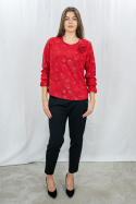 Elegancka czerwona bluzka w złote wzory  z długim rękawem i różą przy dekolcie - MODA SANOK