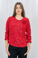 Elegancka czerwona bluzka w złote wzory  z długim rękawem i różą przy dekolcie - MODA SANOK