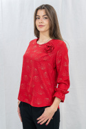 Elegancka czerwona bluzka w złote wzory  z długim rękawem i różą przy dekolcie - MODA SANOK