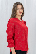 Elegancka czerwona bluzka w złote wzory  z długim rękawem i różą przy dekolcie - MODA SANOK
