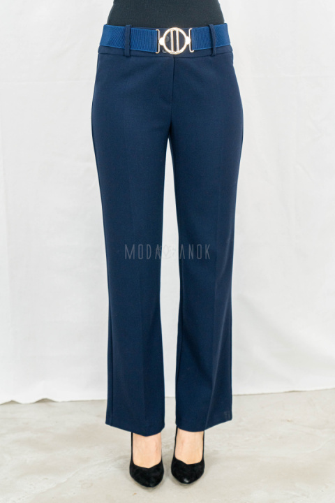 Eleganckie damskie spodnie w kolorze granatowym z prostą nogawką i z gumowym paskiem - MODA SANOK