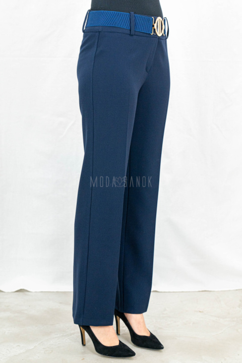 Eleganckie damskie spodnie w kolorze granatowym z prostą nogawką i z gumowym paskiem - MODA SANOK