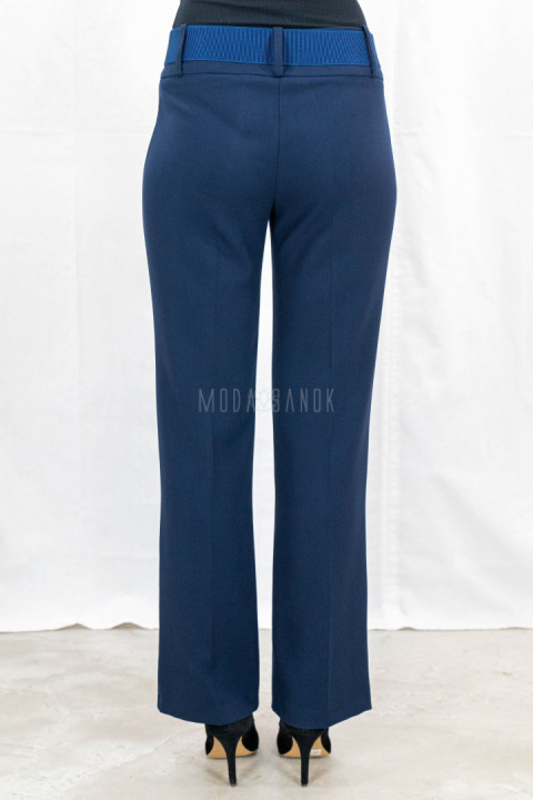 Eleganckie damskie spodnie w kolorze granatowym z prostą nogawką i z gumowym paskiem - MODA SANOK
