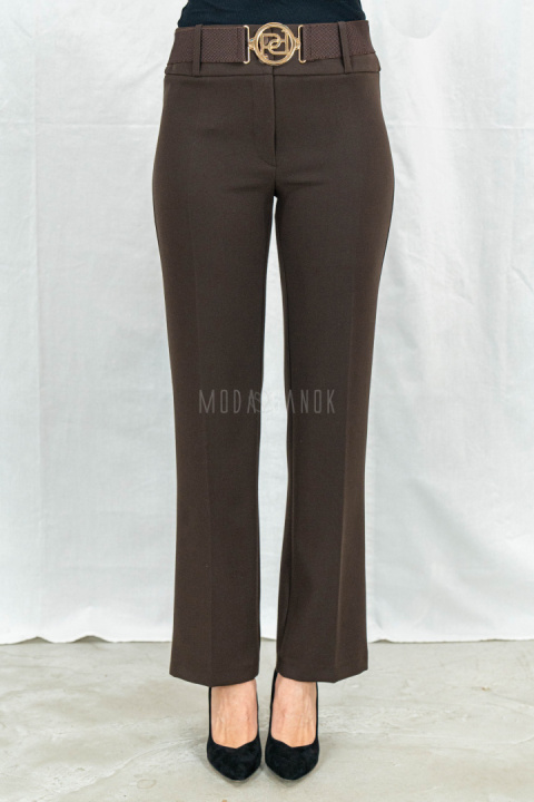 Eleganckie damskie spodnie w kolorze ciemnego brązu z prostą nogawką i z gumowym paskiem  - MODA SANOK