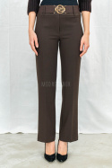 Eleganckie damskie spodnie w kolorze ciemnego brązu z prostą nogawką i z gumowym paskiem  - MODA SANOK
