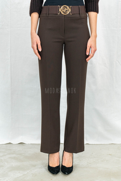 Eleganckie damskie spodnie w kolorze ciemnego brązu z prostą nogawką i z gumowym paskiem  - MODA SANOK