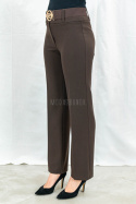 Eleganckie damskie spodnie w kolorze ciemnego brązu z prostą nogawką i z gumowym paskiem  - MODA SANOK