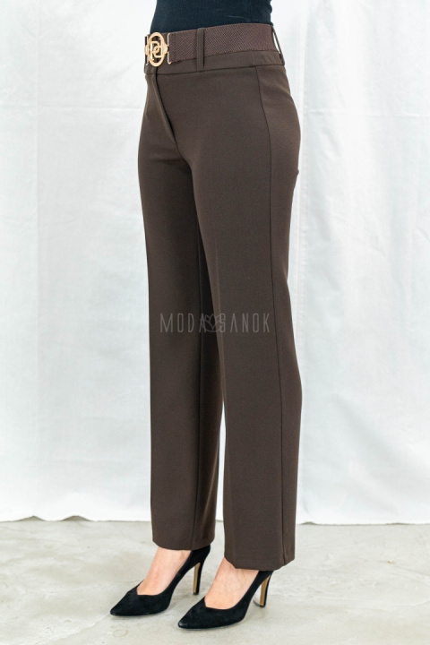 Eleganckie damskie spodnie w kolorze ciemnego brązu z prostą nogawką i z gumowym paskiem  - MODA SANOK