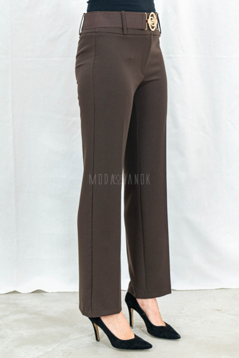 Eleganckie damskie spodnie w kolorze ciemnego brązu z prostą nogawką i z gumowym paskiem  - MODA SANOK