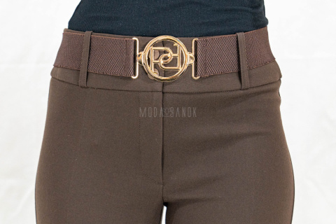 Eleganckie damskie spodnie w kolorze ciemnego brązu z prostą nogawką i z gumowym paskiem  - MODA SANOK