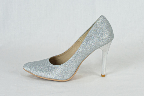 Klasyczne błyszczące brokatowe szpilki w kolorze srebrnym na wysokim obcasie FOR-BUT - Moda Sanok