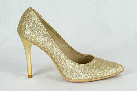 Klasyczne błyszczące brokatowe szpilki złote na wysokim obcasie FOR-BUT - Moda Sanok