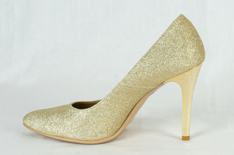 Klasyczne błyszczące brokatowe szpilki złote na wysokim obcasie FOR-BUT - Moda Sanok