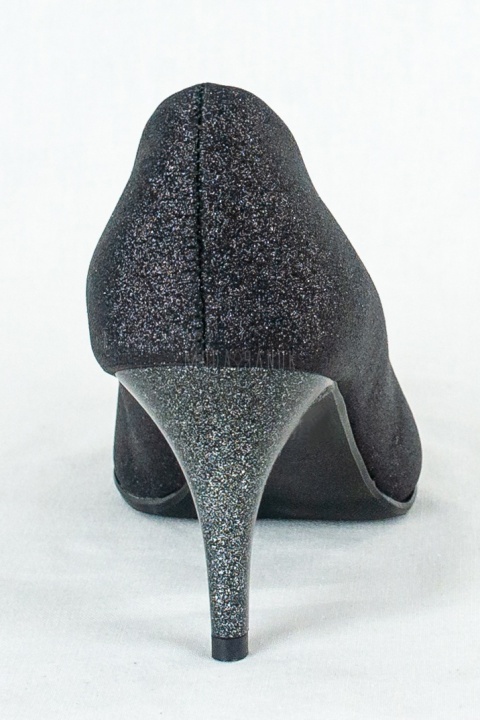 Klasyczne czarne czółenka szpilki na niskim obcasie z brokatowym połyskiem FOR-BUT-MODA SANOK